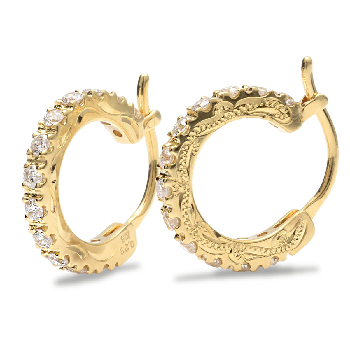 Weliana K18ゴールド ハワイアンジュエリー ピアス 新作ジュエリー アクセサリー ダブルサイド エングレーブド 0 46ct 両耳用 ピアス ピアス K18ゴールド 新作 ダイヤモンド Alolua アロルア フープ