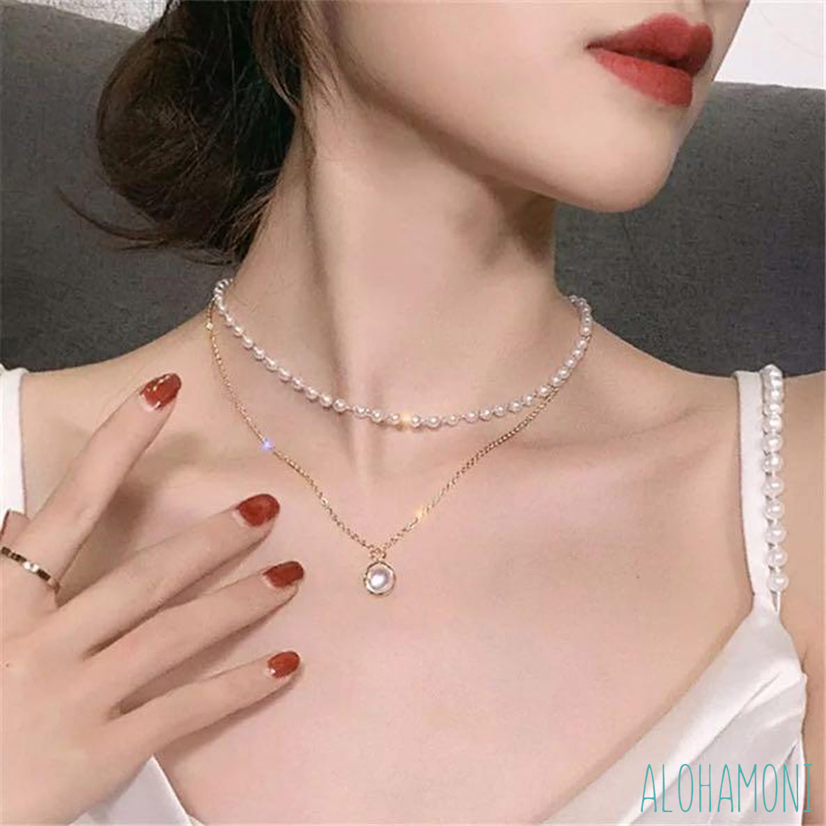 楽天市場 2連 パール ショートチェーン チョーカー ネックレス 二連 並行 デザイン リング 首輪 長さ 調整可能 アジャスター付き エレガント 鎖骨ライン 綺麗 カジュアル フェミニン 韓国 オルチャン Alohamoni 海外輸入アクセサリー