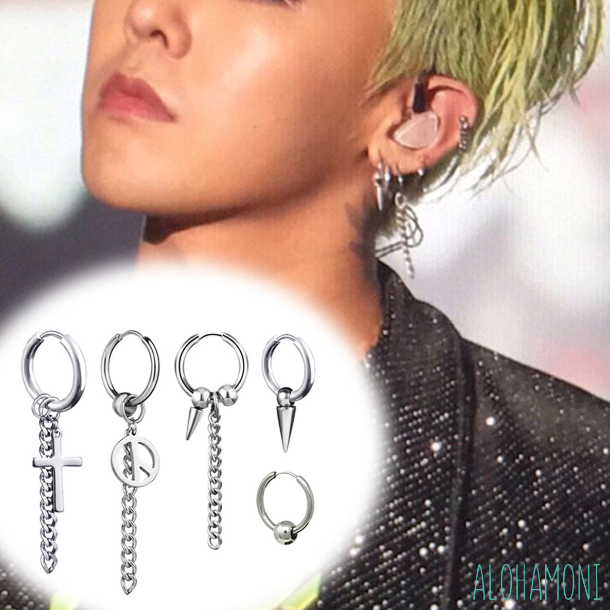 楽天市場 Bigbang G Dragon ジードラゴン 着用タイプ フープピアス 5個セット チェーン クロス スパイク ピース ボール デザイン ビッグバン 十字架 鎖 シルバー フープ リング ライブ レディース メンズ ユニセックス 男女兼用 韓国 オルチャン ピアス イヤリング