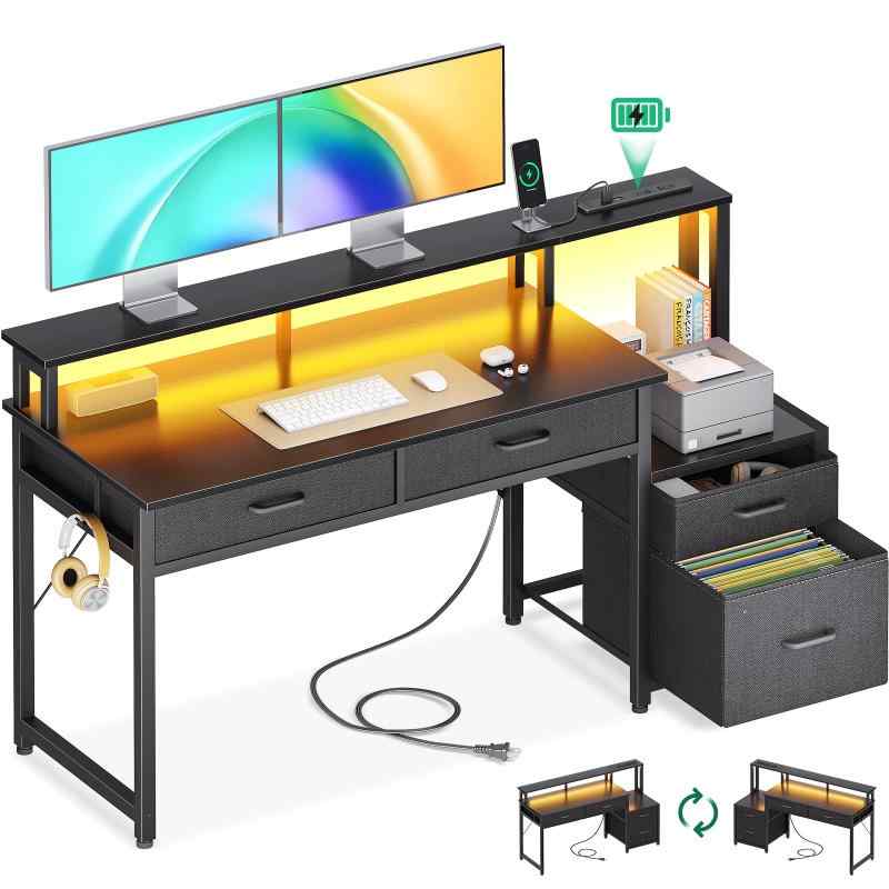 AODK パソコンデスク ゲーミングデスク 引き出し&コンセント付き 幅120/140cm 机 pcデスク 勉強机 gaming desk LED＆モニター台付き オフィス/在宅ワーク/ゲーム用 左右入れ替え対応