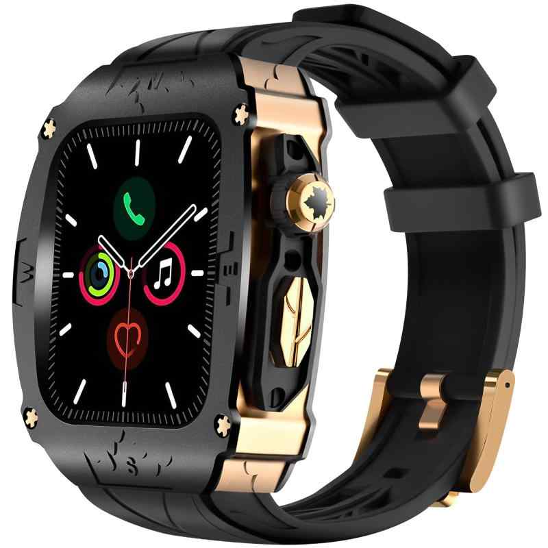OOULOVE コンパチブル Apple Watchバンド 44mm 45mm バンドSeries 8/7/6/SE/5/4対応 フッ素ゴム一体型 頑丈ステンンレス鋼ケース付き 耐衝撃保護カバー 男性用 スポーツ スポーツプルウォッチ 簡単装着