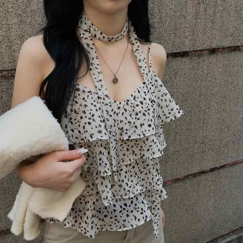 レディース トップス 夏 ハルターネック ヒョウ柄 キャミソール プリーツ フリル シフォン ブラウス スリムフィット 軽量 吸湿速乾 おしゃれ スタイリッシュ 普段使い