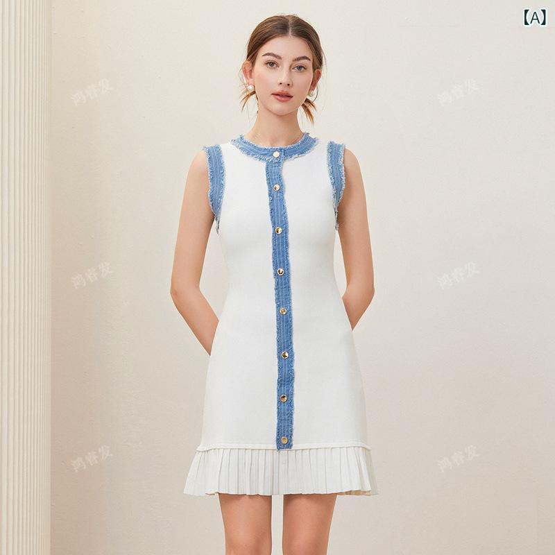 レディース ワンピース 春夏 デニム 切り替え ノースリーブ プリーツ ニット ラウンドネック 上品 フレンチスタイル 軽量 伸縮性 吸湿速乾 通勤用 普段使い カジュアル