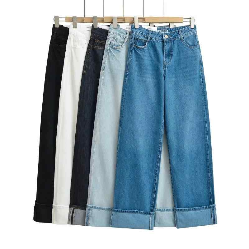 レディース ワイドレッグ デニムパンツ ストレート ルーズフィット ロールアップ ウォッシュ加工 レトロ ミッドウエスト フレア ロング丈 カジュアル 普段使い ストレッチ素材 軽量 伸縮性