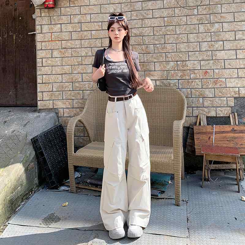 レディース カーゴパンツ アメリカン レトロ ゆったり ワイドレッグ ベージュ ポケット ストレート ロングパンツ カジュアル ボトムス 普段使い 個性派