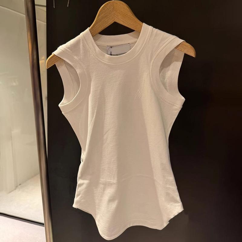 春夏 レディース ノースリーブ 丸首 Tシャツ 収腰 デザイン シンプル スリムフィット 単色 トップス キャミソール 吸湿速乾 軽量 ストレッチ 素材 ブラック ホワイト ピンク ベージュ カラー バリエーション