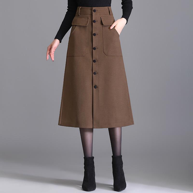 レディース スカート 秋冬 厚手 ウール Aライン ペンシル スリット フロントボタン ビッグサイズ 暖か ゆったり フィット