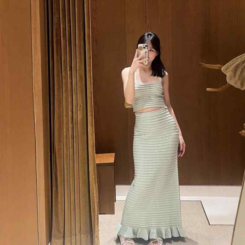 レディース 春夏 編み物 ジレー キャミソール MIDI スコート 書き割り フレンチ表現スタイル 雅びやか 分かりやすい 口さかしい 結晶 刺しゅう 軽さ 伸縮性 普段使い走り トップス ボトムス 座標
