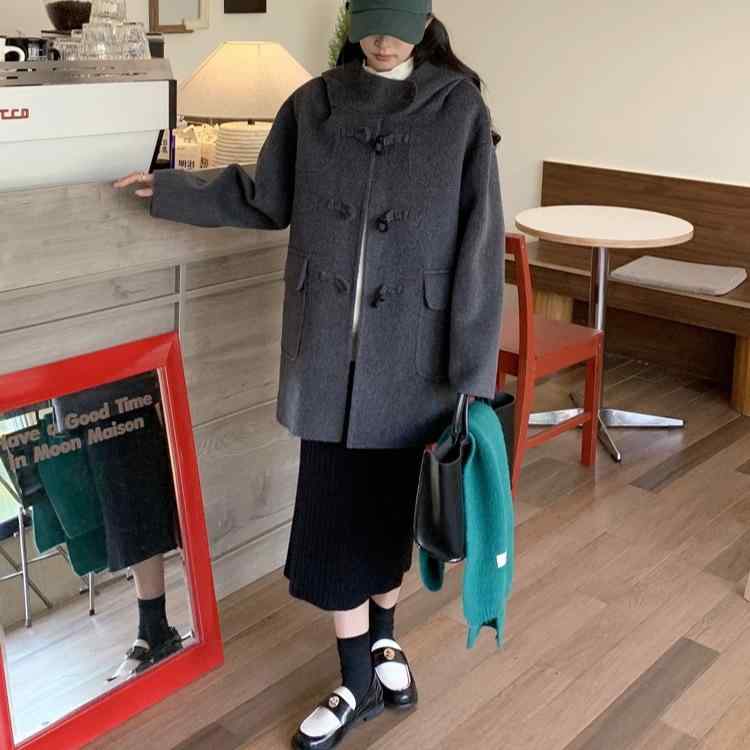コート レディース 秋冬 長毛 厚手 フード付き 牛角ボタン ダブルフェイス ウール ツイード 小柄向け 暖か アウター 通勤用 普段使い 再生繊維 混|ヘルスケアアルファ店