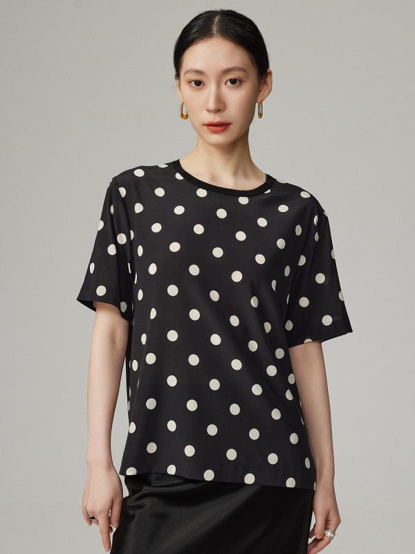 夏 用 Tシャツ シルク 素材 ゆったり 着痩せ 効果 ヴィンテージ ドット 桑蚕 薄手 丸首 半袖 レディース カジュアル|ヘルスケアアルファ店
