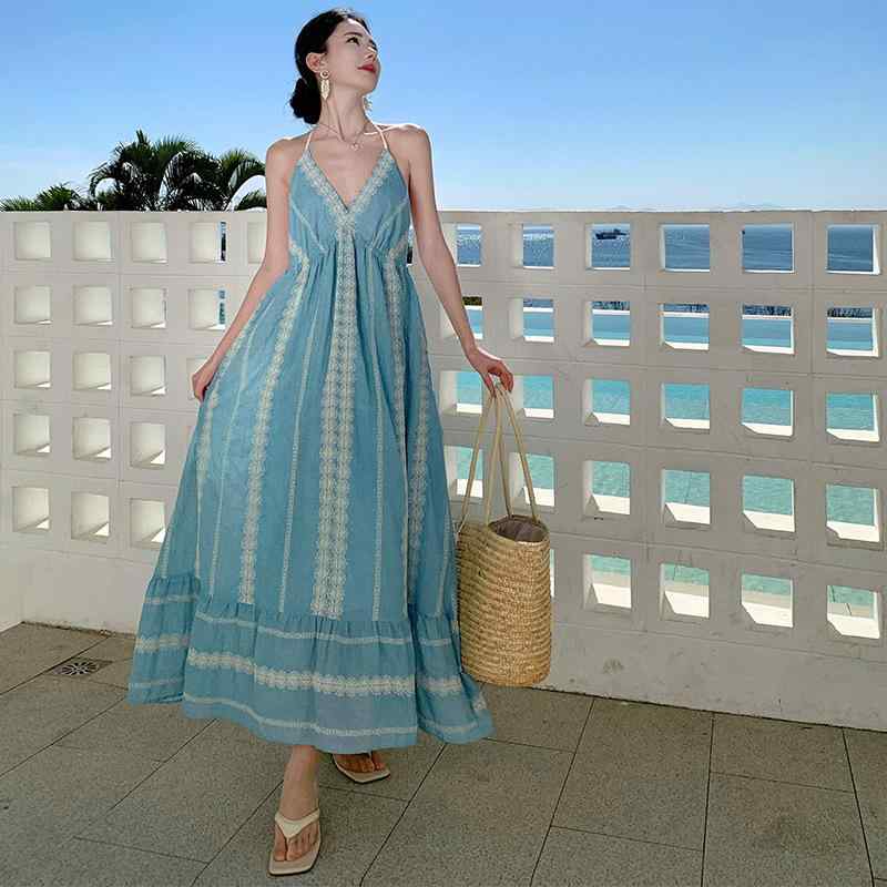 ワンピース レディース 春夏 ボヘミアン 吊り下げリード ロングドレス ビーチ リゾート 軽量 通気性 好み かわいい 普段使い 旅行 花柄 コットン 混紡 ゆったり シルエット フェミニン｜ヘルスケアアルファ店