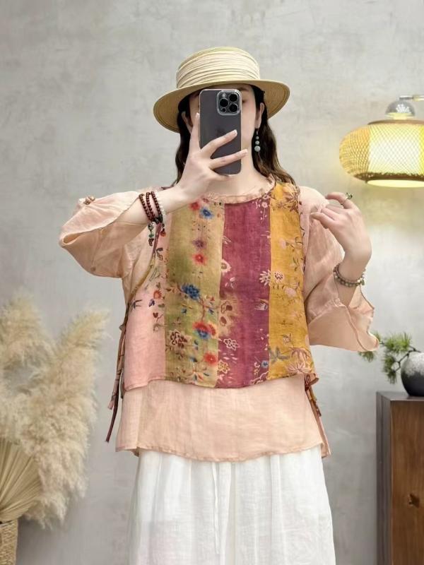 シャツ 女性用 春夏 ラミー 接触冷感 半袖 ラウンドネック 盤ボタン 花辺 襟元 ゆったり スリム デジタルプリント 麻素材 吸湿速乾 軽量 通勤 普段使い ビッグシルエット 涼しい スタイリッシュ トップス ブラウス 花柄 柄物 インナー｜ヘルスケアアルファ店