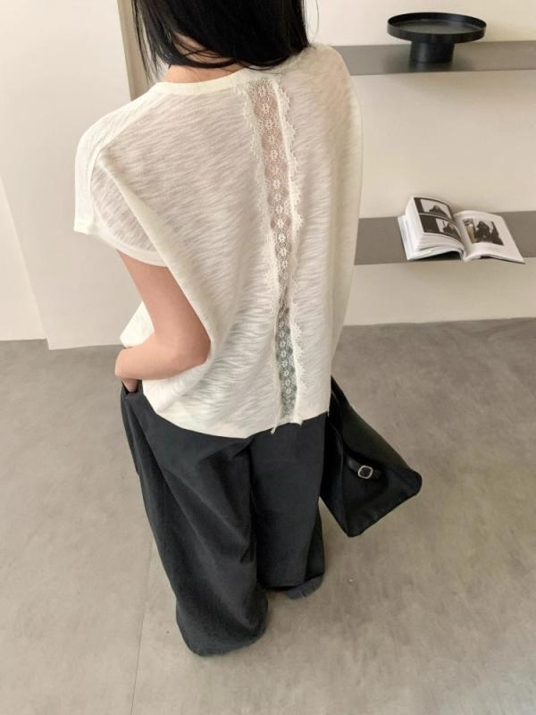 トップス レディース 短袖 レース 背中空き Tシャツ 夏用 薄手 かわいい カジュアル 日常使い 軽量 通気性 オープンバック ユニーク デザイン