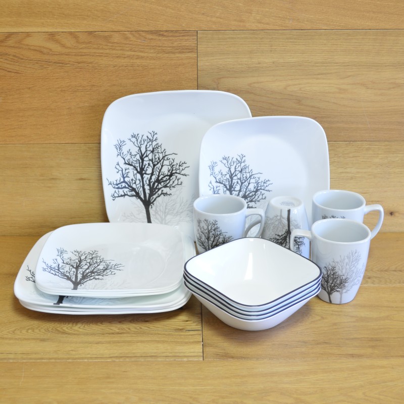 ディナーウェア スクエア 皿 プレート 4人用 16点セット コレール Corelle Square 16-Piece Dinnerware Set, Timber Shadows, Service for 4