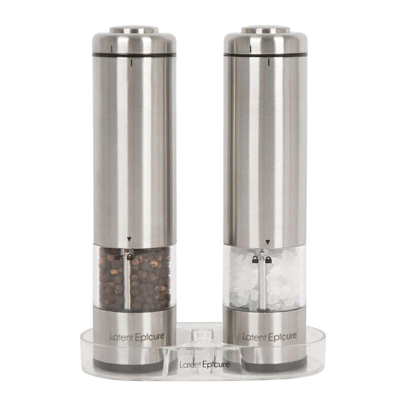 電池式 電動ソルト&ペッパーセット ライト付き ステンレス レストラン カフェ Latent Epicure Battery Operated Salt and Pepper Grinder Set Complimentary Mill Rest LED Light Adjustable Coarseness 家電|アルファエスパス米国店