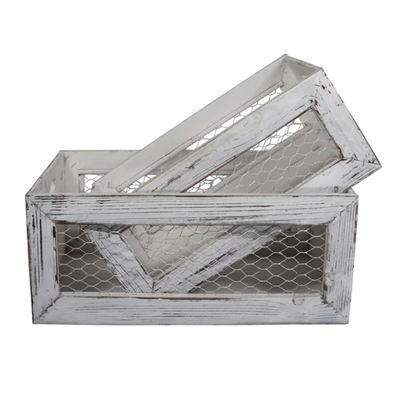 木箱 2サイズセット ウッド ケース クレート ホワイト ワイヤーメッシュ アンティーク ビンテージ Gracie Oaks 2 Piece Solid Wood Crate Set W000750058｜アルファエスパス米国店