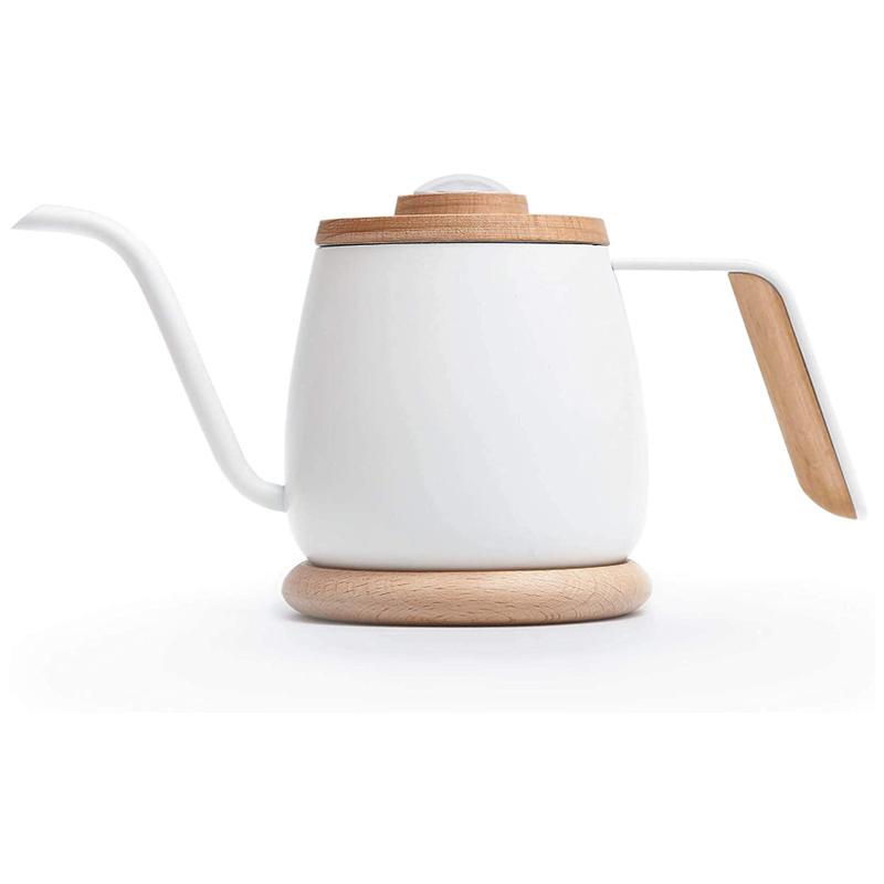 ケトル ミニ 350ml グースネック 木製フタ 温度計付 ホワイト ドリップ かわいい シンプル SimpleReal - Pour Over Coffee Kettle with Thermometer, Gooseneck Single Serve Mini Kettle, Stainless Steel body with wooden lid, 12 oz