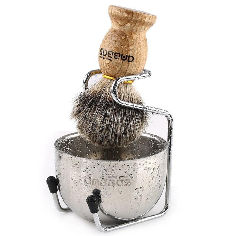 シェービングセット ブラシ ホルダー ボウル ステンレス 髭剃り Shaving Set, 3in1 Pure Badger Hair Shaving Brush Natural Solid Wood Handle and Stainless Steel Shaving Stand with Shaving Bowl Dia 3.2 inches for Men Wet Shaving by Anbbas