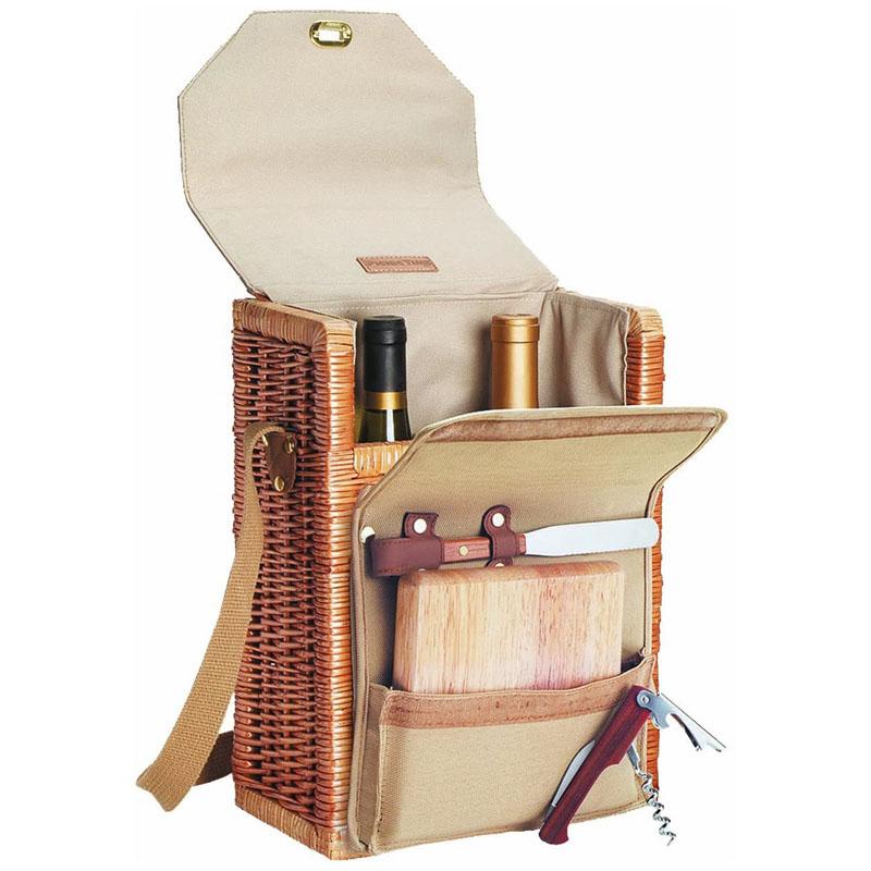 ワインボトルバスケット 2本用 チーズ まな板 ナイフ コルク抜付 ピクニックタイム Picnic Time Corsica Insulated Wine Basket with Wine and Cheese Accessories｜アルファエスパス米国店