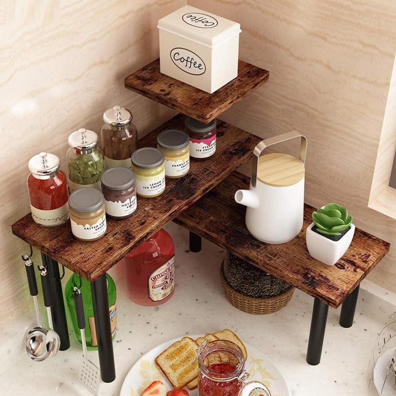 コーナーシェルフ 3段 ウッド 木製 棚 ディスプレイ オーガナイザー Homode [Newly Upgraded] Corner Shelf, 3 Tier Kitchen Counter Organizer, Storage Rack Shelves for Bathroom, Living Room, Wood and Metal Accent, Rustic Brown