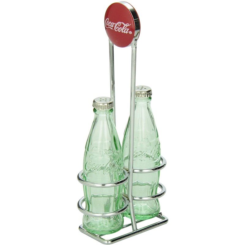 コカコーラ ガラス ソルト ペッパー ラック付 調味料入れ 塩胡椒入れ TableCraft Coca-Cola Salt and Pepper Shaker Set with Chrome Plated Metal Rack, Coca-Cola Salt and Pepper Shaker Set