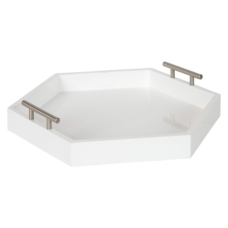 ディスプレー トレイ おしゃれ 装飾トレー 取手付 六角形 白Kate and Laurel Lipton Hexagon Decorative Tray White and Silver 18inch|アルファエスパス米国店