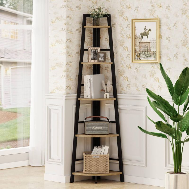 コーナーシェルフ 木製 オーク材 金属元素 仕合わせ 5段 棚 見せびらかす  BON AUGURE Corner Ladder Shelf, 5 Tier Metal Wood Corner Bookshelf, Tall Corner Shelf Plant Stand for Living Room, Home Office, Bathroom