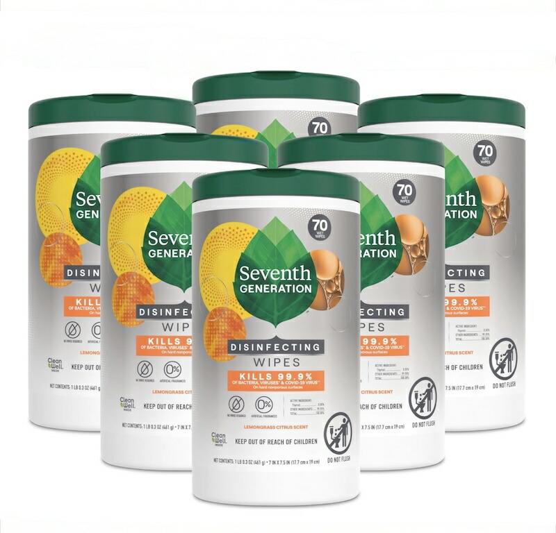 除菌シート 70枚 6個セット レモングラス シトラス ワイパー 消毒 99.99%殺菌 セブンスジェネレーション Seventh Generation Disinfecting Multi-Surface Wipes, Lemongrass Citrus, 70 Count, Pack of 6