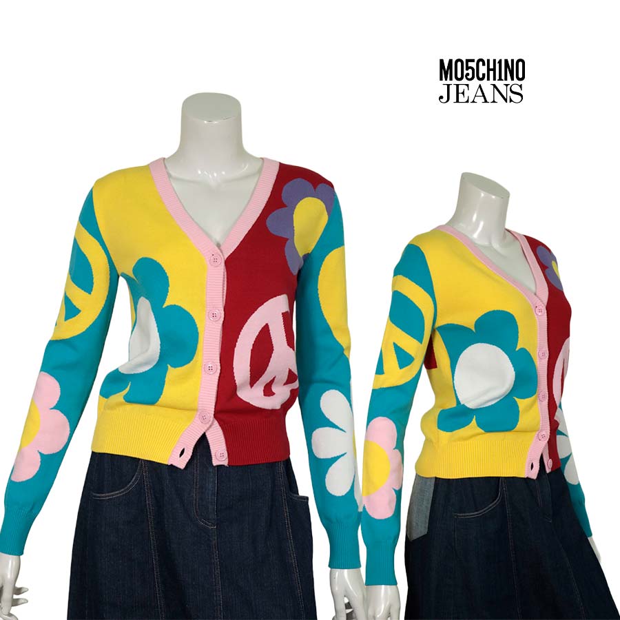 【定価￥78,000の70％OFF】MOSCHINO JEANS【モスキーノジーンズ】【レディース】【春夏物】【半額以上セール】【正規取扱い】【送料無料】 マルチカラーシグネチャー柄Vネックコットンニットカーディガン/マルチ【サイズ38】
