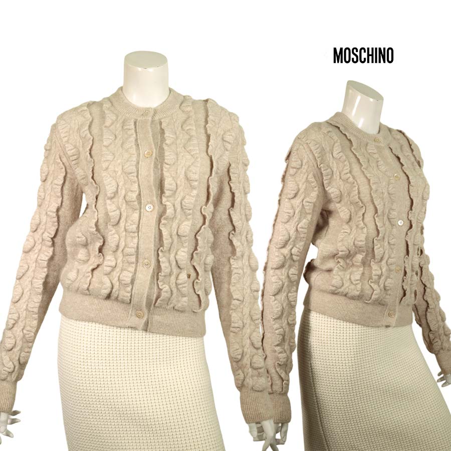 【定価￥198,000の70％OFF】MOSCHINO【モスキーノ】【秋冬物】【半額以上SALE】【正規取扱い】【送料無料】【レディース】モヘア混フリルデザインウールニットカーディガン/ベージュ【サイズ42】【イタリア製】