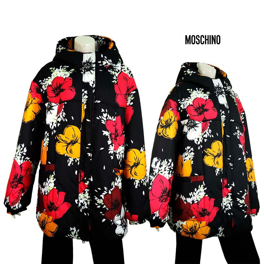 【定価￥112,000の70％OFF】MOSCHINO JEANS【モスキーノジーンズ】【秋冬物】【半額以上セール】【正規取扱い】【送料無料】 【レディース】フラワープリントダブルジップ中綿ブルゾン・アウター/ブラックマルチ【サイズ46】