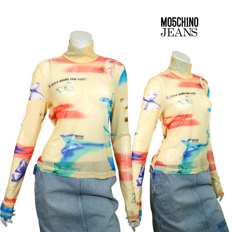 【通貨価値￥37,000の70％OFF】MOSCHINO JEANS【モスキーノジーンズ】【秋冬物】【合い物】【二分の一以上大売り出し】【定め事取りまわし】【貨物輸送無料】 【レディース】バタフライプリントハイネックシアートップス・夢見鳥/杏【大きさ44】【イタリア製】