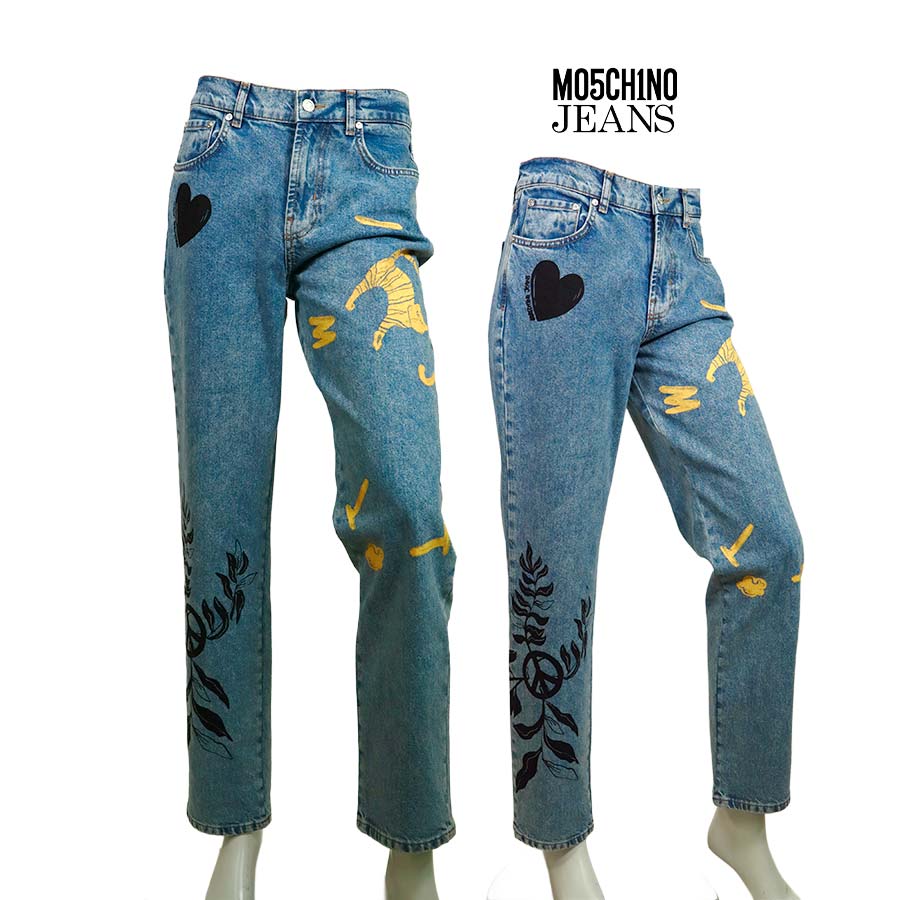 【定価￥85,000の70％OFF】MOSCHINO JEANS【モスキーノジーンズ】【レディース】【秋冬物】【合い物】【半額以上セール】【正規取扱い】【送料無料】 ペイントデニムストレートパンツ・ジーンズ/ウォッシュブルー【サイズ27】【トルコ製】