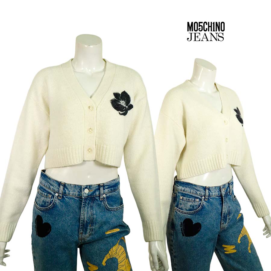 【定価￥74,000の70％OFF】MOSCHINO JEANS【モスキーノジーンズ】【レディース】【秋冬物】【半額以上セール】【正規取扱い】【送料無料】 バックプリントアルパカウール混ショートカーディガン/ホワイト【サイズ38】