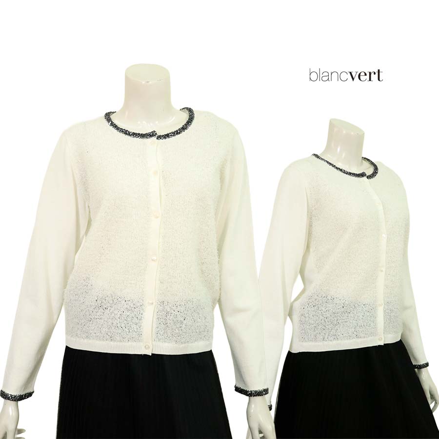 【半額以上SALE】【定価￥49,000の70％OFF】BLANC VERT CASHMERE【ブランベールカシミヤ】【春夏物】【正規取扱い】【送料無料】【レディース】和紙使いファンシーヤーンクルーネックカーディガン/ホワイト【サイズ38】｜altmond アルトモンド