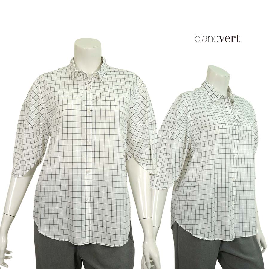 \マスクプレゼント!SPRING FAIR/【半額以上SALE】【定価¥39,000の70%OFF】BLANC VERT CASHMERE【ブランベールカシミヤ】【春夏物】【正規取扱い】【送料無料】【レディース】チェック柄デザイン袖シャツ・ブラウス/ホワイト【サイズ36】