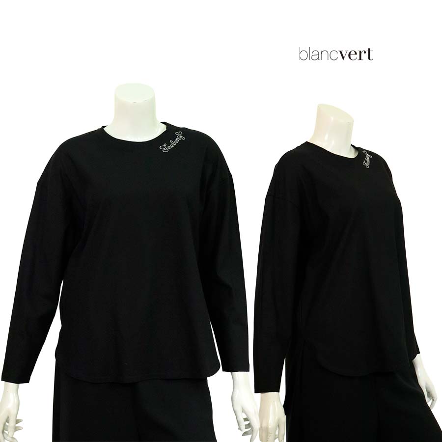 ＼マスクプレゼント！SPRING FAIR／【半額以上SALE】【定価￥22,000の70％OFF】BLANC VERT sensuelle【ブランベールセンシュエル】【春夏物】【正規取扱い】【レディース】チェーンロゴポイントコットンカットソー・ロンT/ブラック【サイズ38/40】【日本製】
