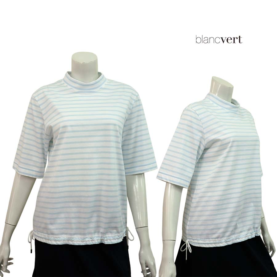 【二分の一以上SALE】【通貨価値￥28,000の70％OFF】BLANC VERT sensuelle【ブランベールセンシュエル】【春夏物】【置き目取りまわし】【レディース】裾ドローストリングデザインボーダーカットソー・プルオーバー/点火装置青色【大きさ38】【日本製】