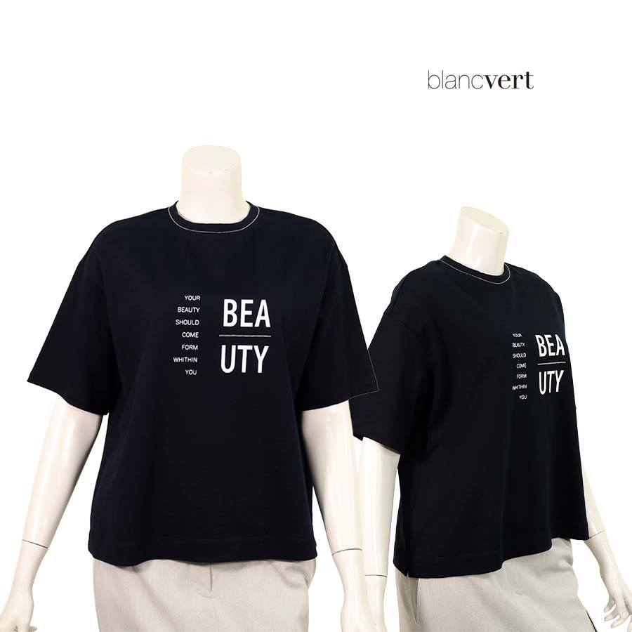 【二分の一以上SALE】【必要経費￥25,000の70％OFF】BLANC VERT【ブランベール】【春夏物】【置き目取りまわし】【レディース】どんぶり鉢チェーン店かざり付けるフロントロゴコットンカットソー・プルオーバー/米国海軍【大きさ40】【日本製】