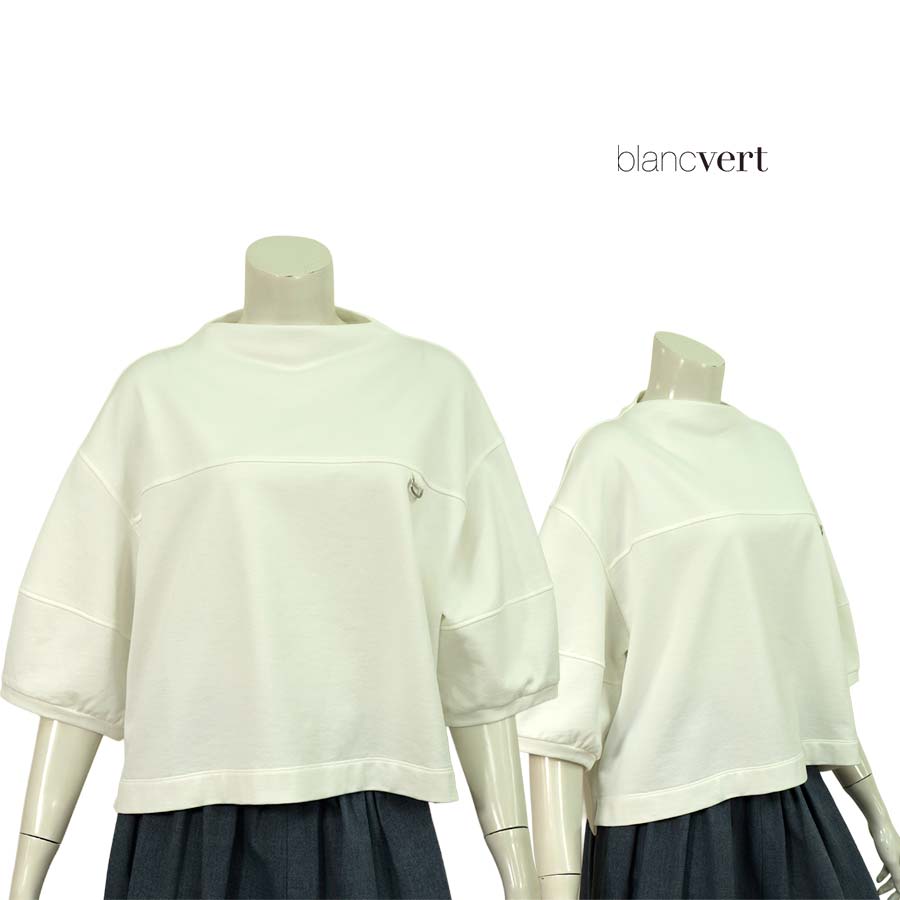【二分の一以上SALE】【必要経費￥29,000の70％OFF】BLANC VERT【ブランベール】【春夏物】【置き目取りまわし】【レディース】モックネックパフスリーブコットン裏パイルワイドカットソー・プルオーバー/白いこと【大きさ38】【日本製】