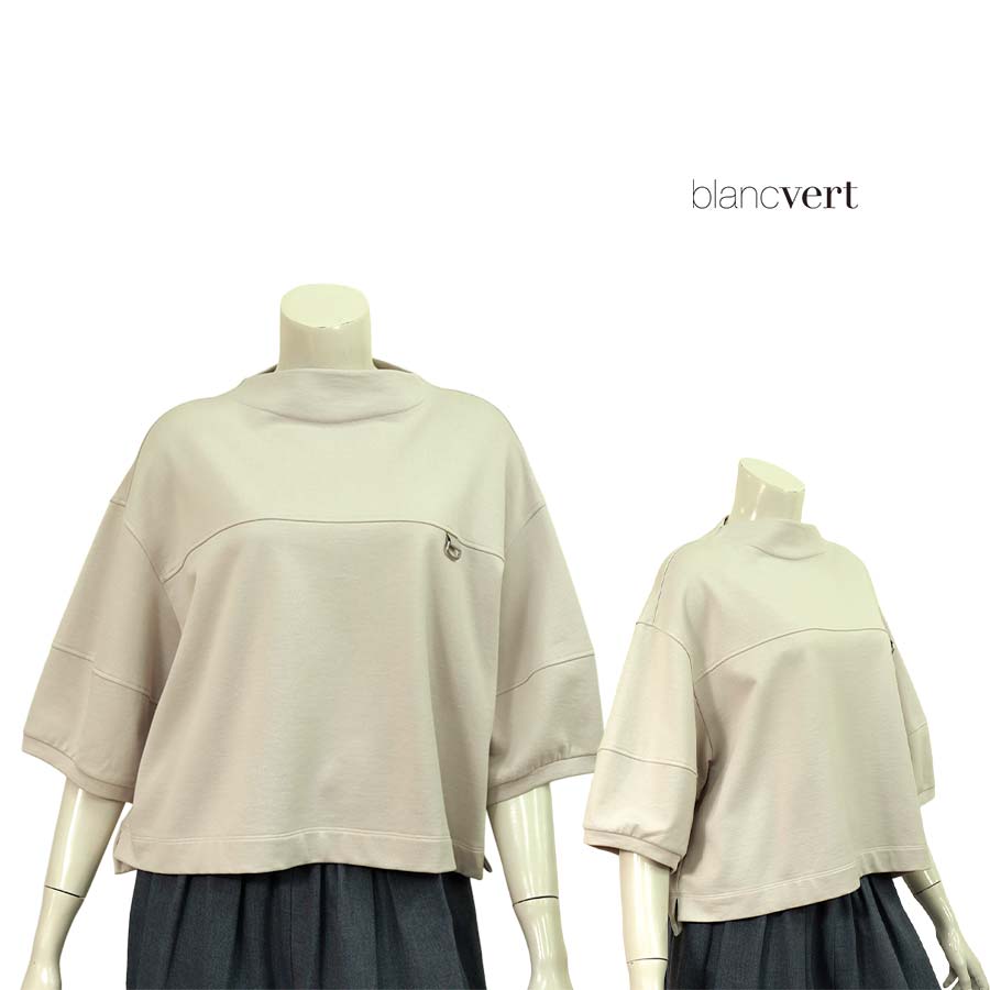 【二分の一以上SALE】【必要経費￥29,000の70％OFF】BLANC VERT【ブランベール】【春夏物】【置き目取りまわし】【レディース】モックネックパフスリーブコットン裏パイルワイドカットソー・プルオーバー/モカ【大きさ38】【日本製】