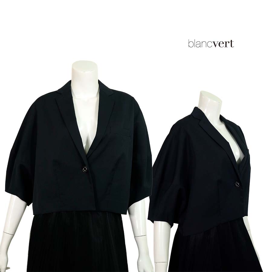 ＼マスクプレゼント！SPRING FAIR／【半額以上SALE】【定価￥47,000の70％OFF】BLANC VERT【ブランベール】【春夏物】【正規取扱い】【レディース】ビッグスリーブショートテーラージャケット/ブラック【サイズ38】