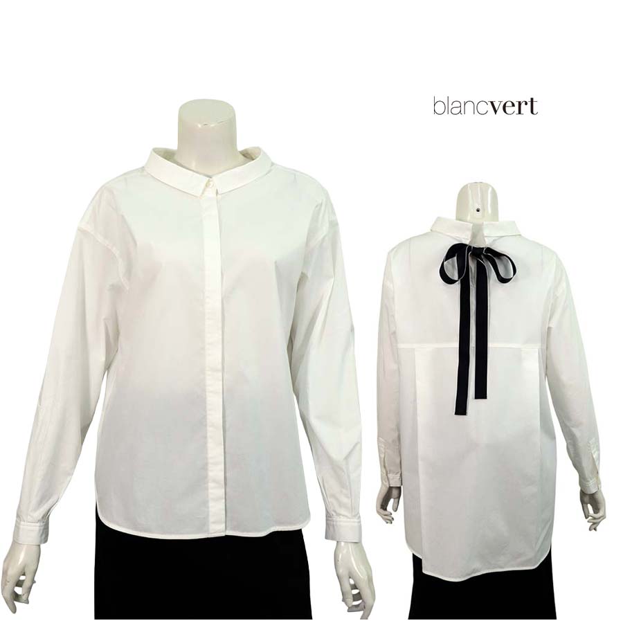 【半額以上SALE】【定価￥35,000の70％OFF】BLANC VERT【ブランベール】【春夏物】【正規取扱い】【レディース】バックリボン結びコットンブラウス・ミドル丈/ホワイト【サイズ36】｜altmond アルトモンド