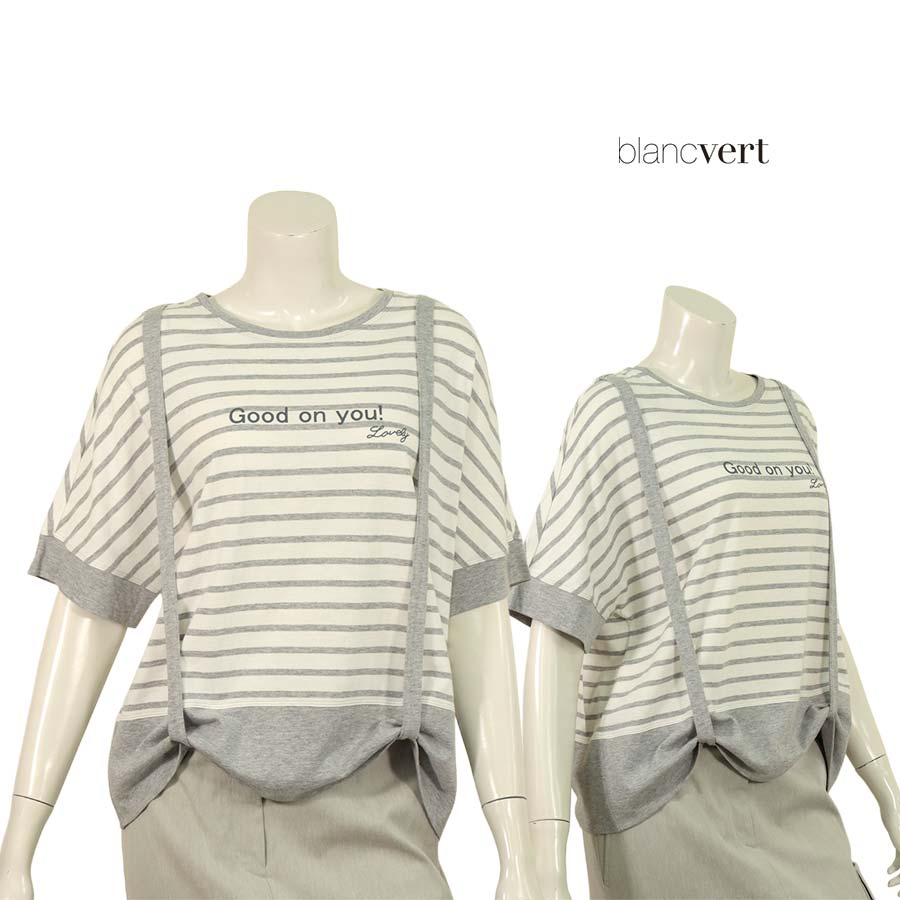 【二分の一以上SALE】【通貨価値￥27,000の70％OFF】BLANC VERT studio【ブランベールストゥーディオ】レディース 春夏【二分の一大売り出し】【定め事取りまわし】【貨物輸送無料】サスペンダーデザインボーダーティーシャツ/薄墨色×白いこと【大きさ38】【日本製】