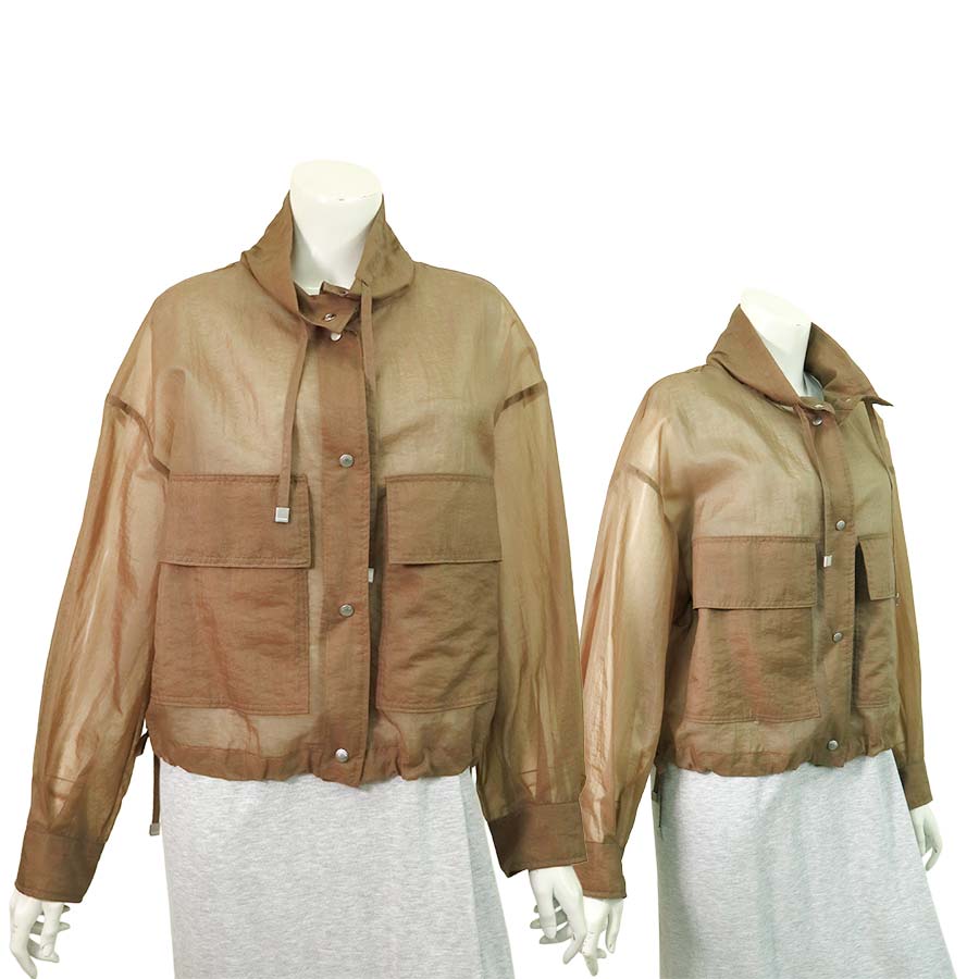 【半額以上セール】【定価￥185,000の65％OFF】PESERICO【ペセリコ】【春夏物】【正規取扱い】【送料無料】【レディース】シースルー２枚仕立てフーディーデザインブルゾン・アウター/ブラウン【サイズ38/42】【イタリア製】