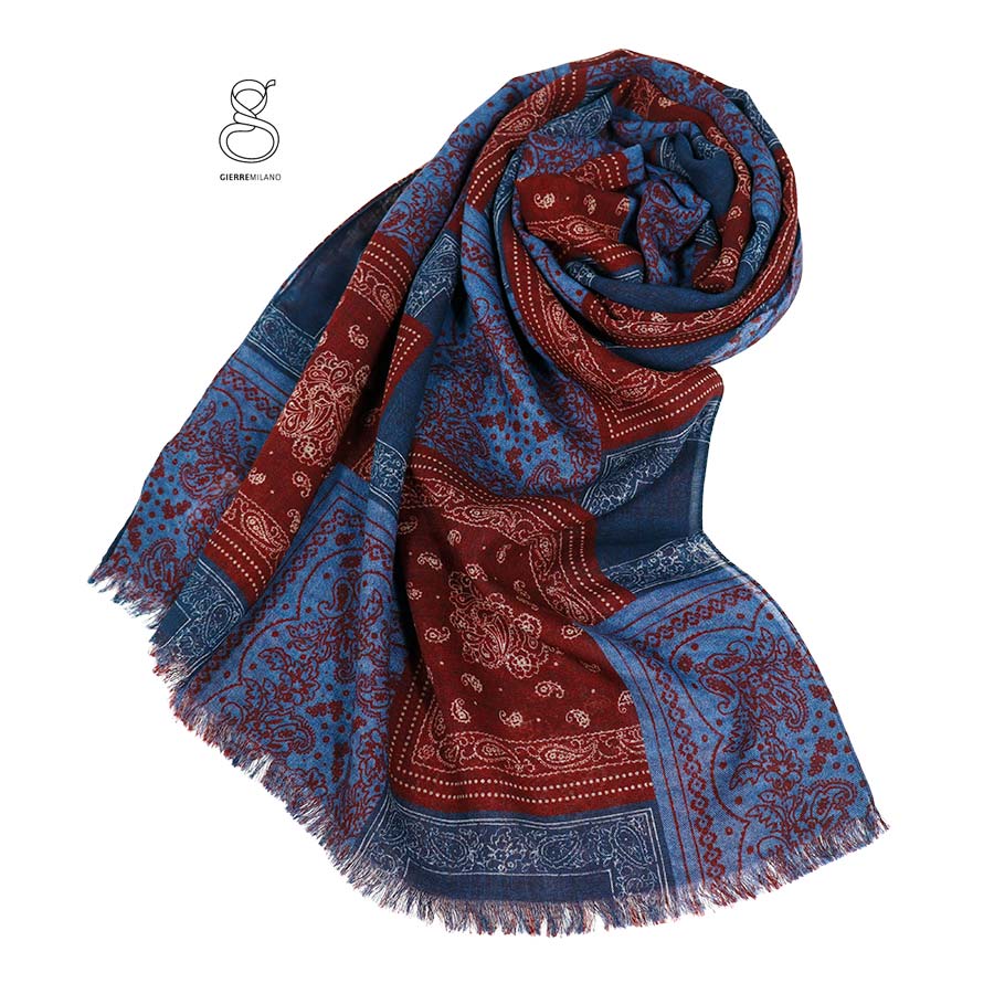 【定価￥16,000の40％OFF】GIERRE【ジエレ】【SALE】【ネコポス】【送料無料】【メンズ】多種類ペーズリーハンカチーフプリントウール100％ストール・冬小物・スカーフ・マフラー/ブルー&times;ボルドー【イタリア製】｜altmond アルトモンド 8,131円