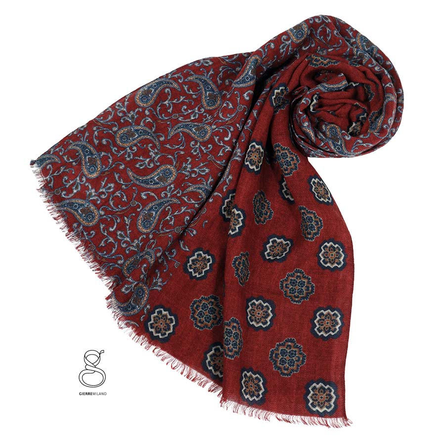 【定価￥13,000の40％OFF】GIERRE【ジエレ】【SALE】【ネコポス】【送料無料】【メンズ】センター切り替え小紋柄・ペーズリープリントウール100％ストール・冬小物・スカーフ・マフラー/ワイン【イタリア製】