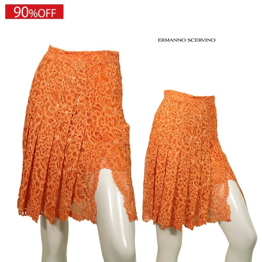 ＼数量限定！キャリー品特別プライス／【定価￥325,000の90％OFF】ERMANNO SCERVINO【エルマンノ シェルヴィーノ】【春夏物】【半額以上セール】【正規取扱い】スリットデザインレースプリーツスカート/オレンジ【サイズ38】【イタリア製】