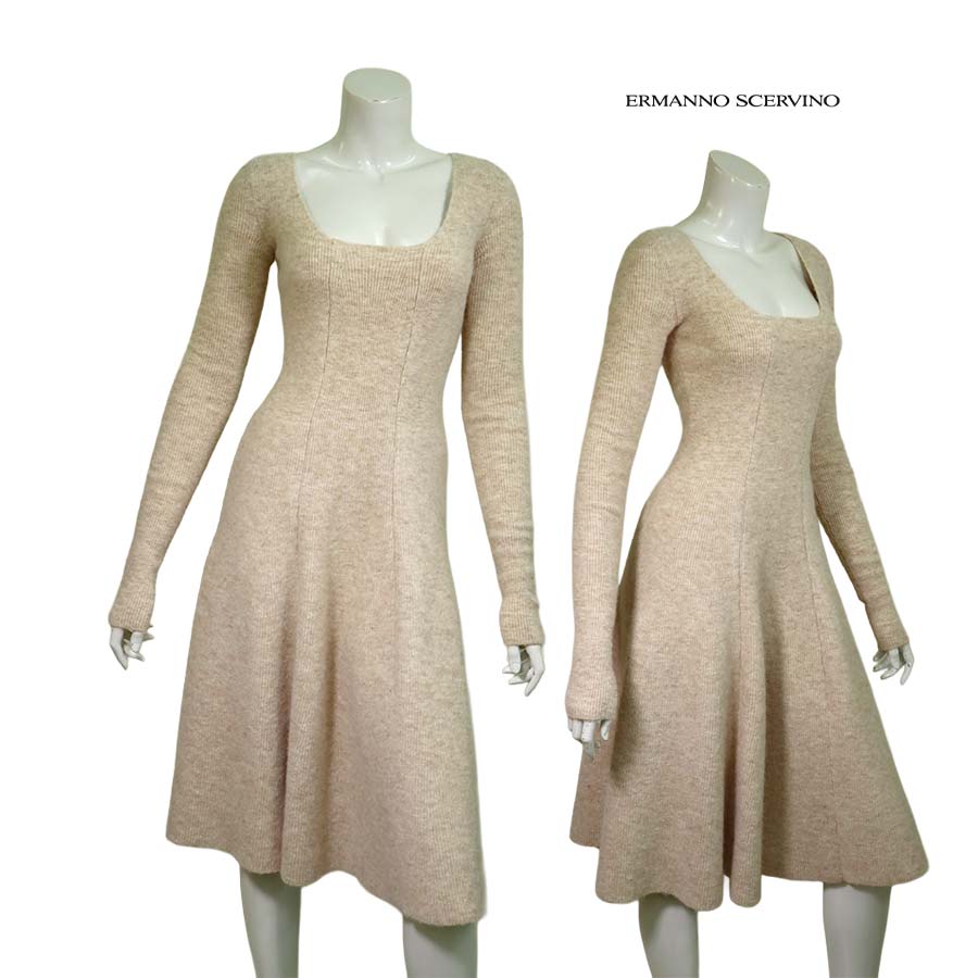 【 定価￥238,000の70％OFF 】ERMANNO SCERVINO【 エルマンノ シェルヴィーノ 】【 レディース 】秋冬【 半額以上セール 】【 正規取扱い 】【 送料無料 】プリンセスラインアルパカウールニットワンピース/ベージュ【 サイズ40 】【 イタリア製 】