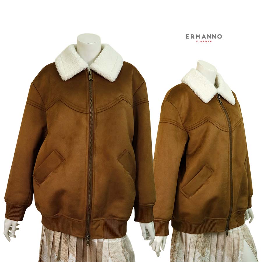 【 定価￥165,000の60％OFF 】ERMANNO FIRENZE【 エルマンノ フィレンツェ 】秋冬【 半額以上セール 】【 正規取扱い】【 送料無料 】【 レディース 】フェイクムートンボンバーブルゾン・アウター/ブラウン【 サイズ40 】【 イタリア製 】